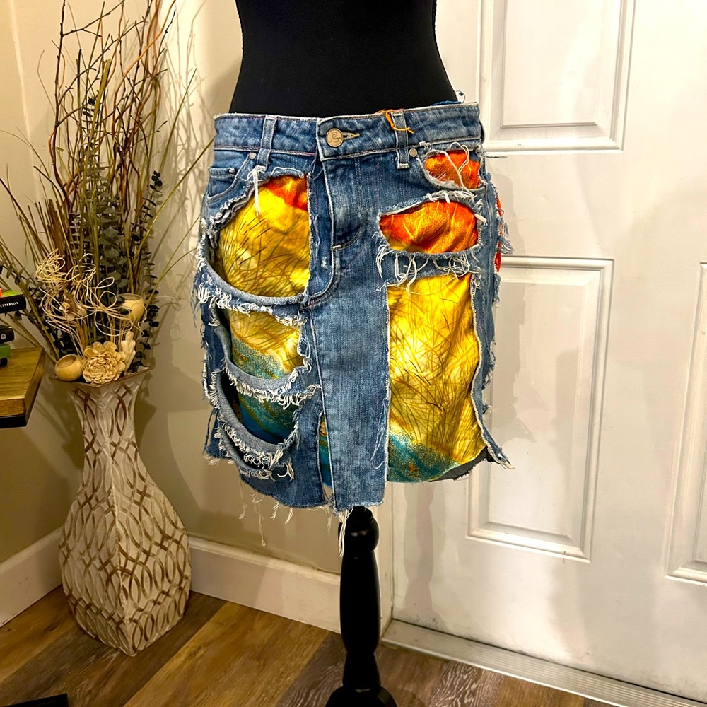 One of a kind COUTURE denim and silk skirt